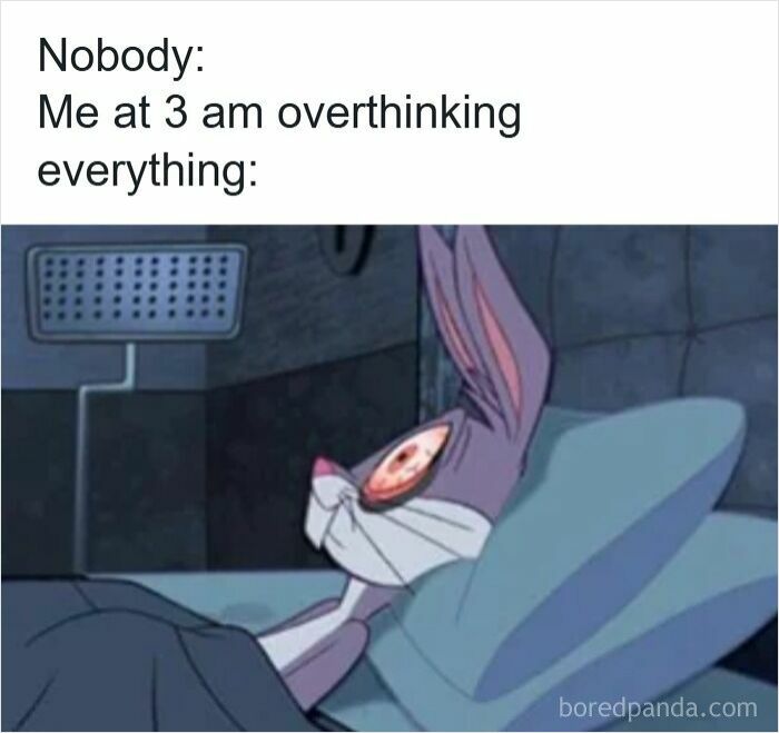 Insomnia meme showing a wide-eyed cartoon rabbit awake in bed overthinking at 3 am late at night.