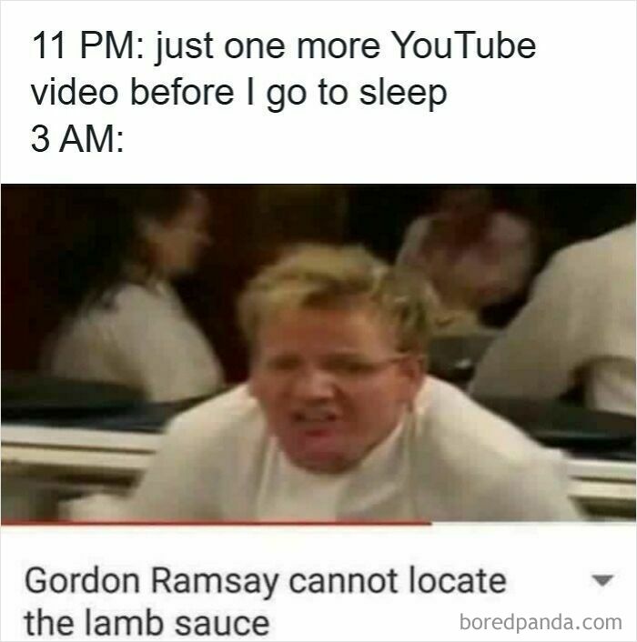 Frustrated chef meme illustrating insomnia struggles with a humorous late-night YouTube video and sleeplessness.