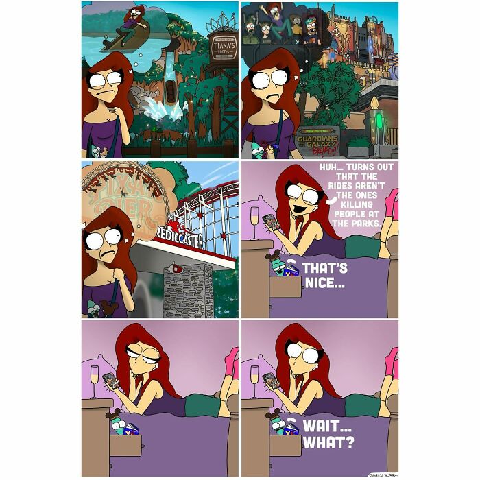 Comic panels featuring a woman with red hair humorously depicting challenges of adult life in bold and funny style.
