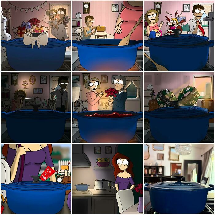 Illustrated scenes from bold and funny comics about adult life featuring a large blue cooking pot in various humorous settings.