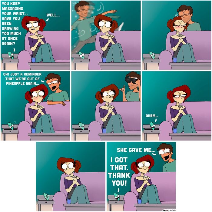 Comic strip shows humorous adult life moments with a woman and man discussing wrist pain and missing pineapple.