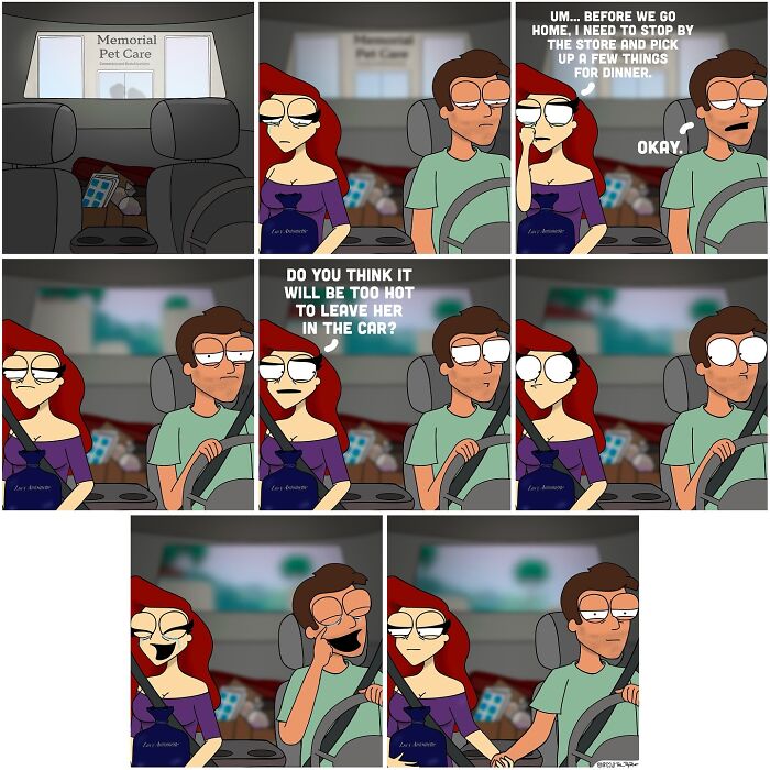 Couple in a car near a pet care center, humorously discussing adult life responsibilities in a comic style.