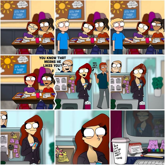 Comic strip panels featuring humorous adult life scenes with cartoon characters in school and office settings.