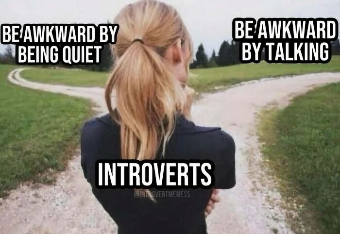 Person with blonde hair standing at a forked path labeled introverts weighing awkwardness by being quiet or talking meme.