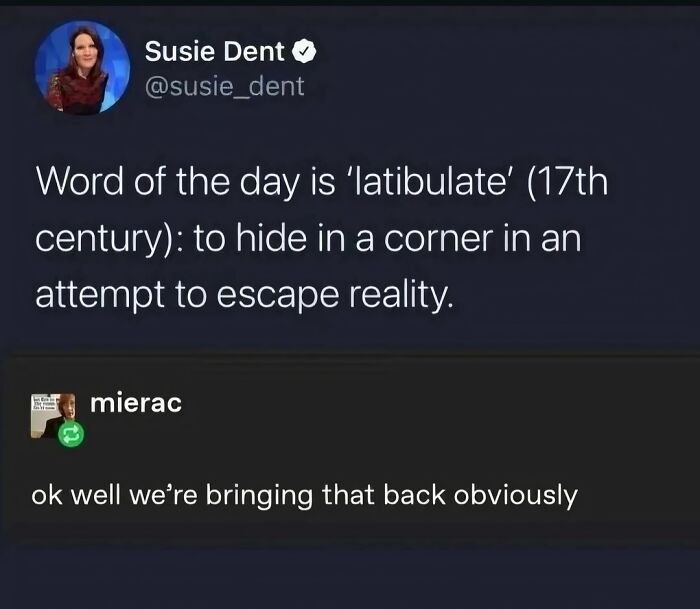 Social media post defining 'latibulate' as hiding in a corner to escape reality, related to introvert memes.