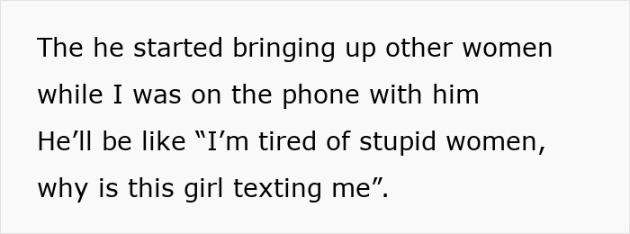 Text excerpt showing a worried woman describing her online date remembering everything she posts and mentioning other women.