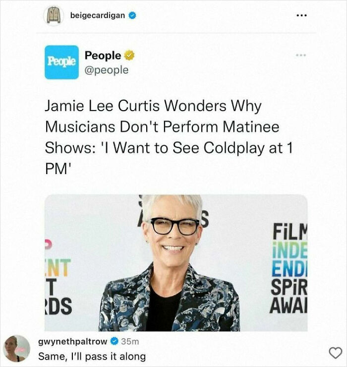 Jamie Lee Curtis shares a comment about matinee shows as celebs drop unexpected gems in the comments on social media.