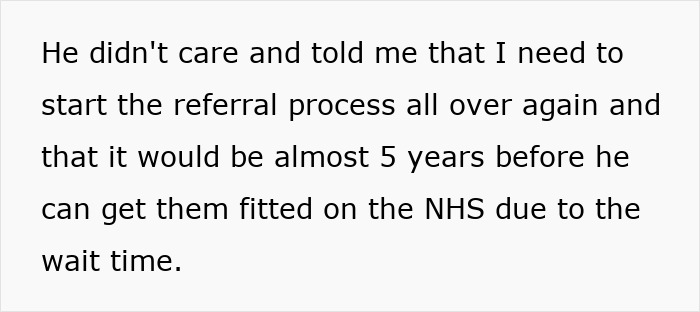 Text on screen showing a mom describing dentist discrimination and delayed referral process due to NHS wait times. Text on screen showing a mom describing dentist discrimination and delayed referral process due to NHS wait times.