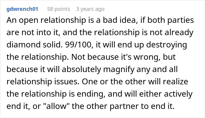 Comment discussing open relationships highlighting risks when one partner is not fully committed to the arrangement. Comment discussing open relationships highlighting risks when one partner is not fully committed to the arrangement.