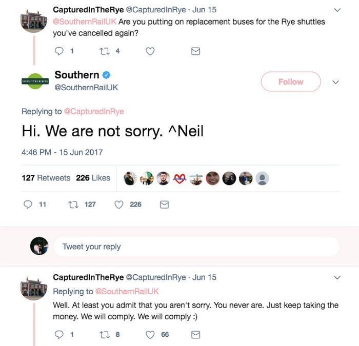 Twitter exchange showing a company’s unapologetic social media response highlighting social media failures.