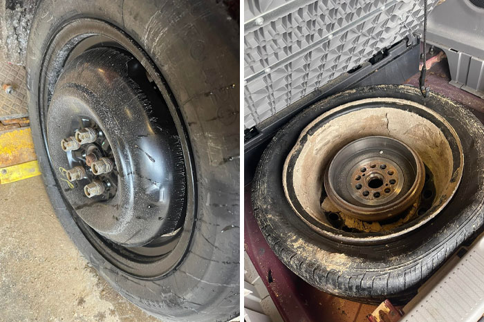 Two images showing car mechanics dealing with damaged car tires and wheels with unusual issues.