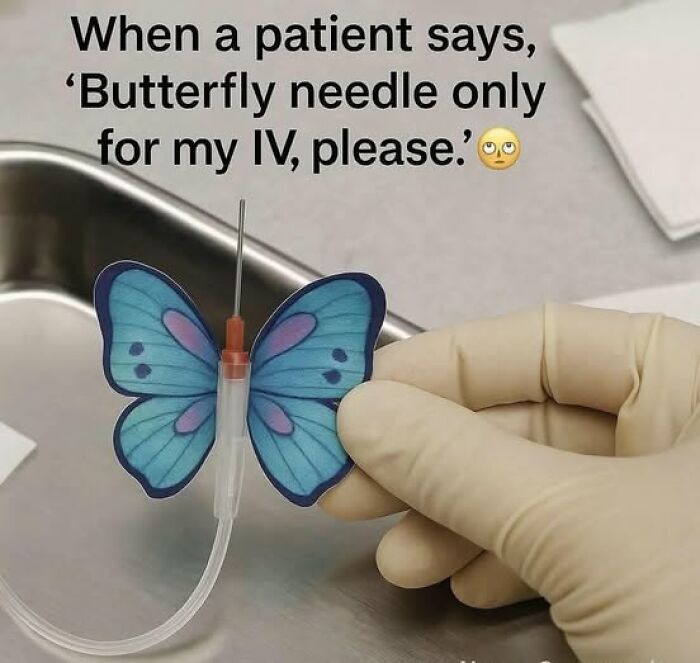 Gloved hand holding an IV butterfly needle with blue wings, humorous meme related to EMT and paramedic work.
