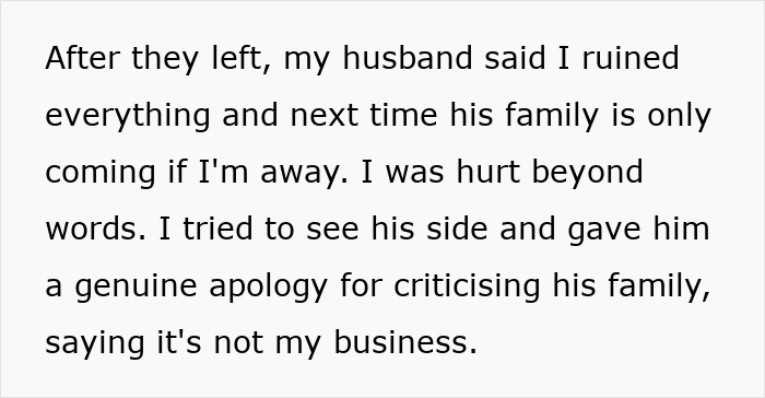 Text excerpt about a wife hosting MIL and SIL, husband calling her fake when she complains in private.