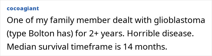 Comment mentioning family member dealing with glioblastoma, the weird symptom Michael Bolton had before diagnosis. Comment mentioning family member dealing with glioblastoma, the weird symptom Michael Bolton had before diagnosis.