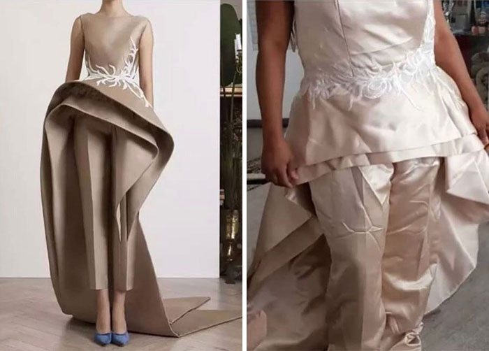 Comparison of elegant dress ordered versus poorly made dress received, showcasing one of the funniest fashion fails.