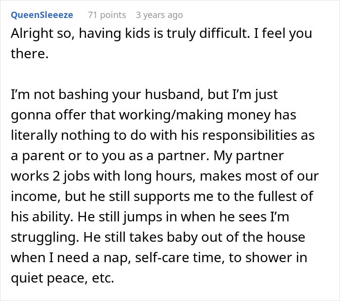 Comment discussing the difficulties of having kids, highlighting challenges of motherhood and partner support.