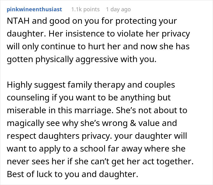 Comment advising family therapy and respecting daughter's privacy in telling wife why daughter doesn't trust situation. Comment advising family therapy and respecting daughter's privacy in telling wife why daughter doesn't trust situation.