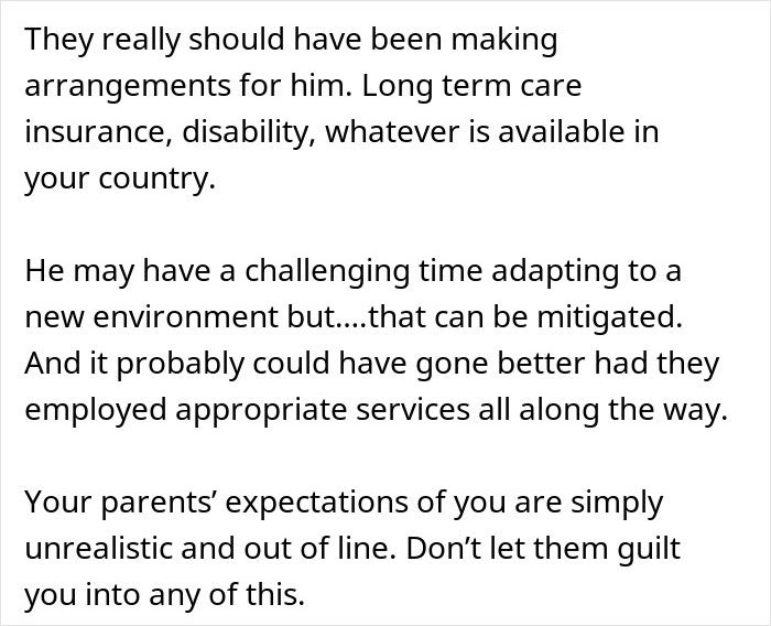 Text discussing parents expecting son to care for autistic brother, addressing unrealistic expectations and need for long term care. Text discussing parents expecting son to care for autistic brother, addressing unrealistic expectations and need for long term care.