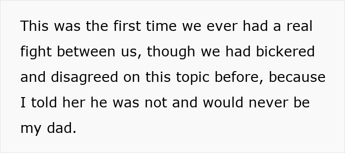 Text excerpt from a bride refusing to let mom's hubby walk her down the aisle, sparking family conflict and sister's backlash.
