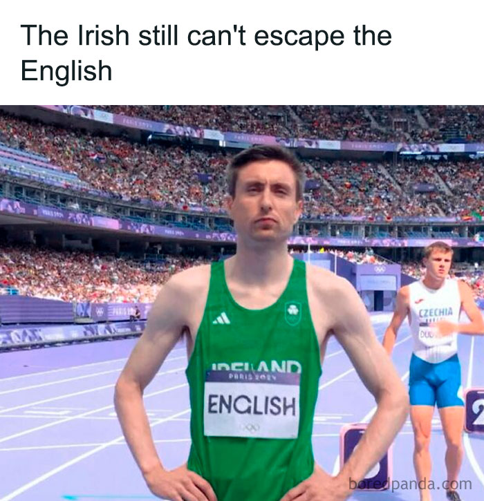 Athlete wearing Ireland jersey with English label at starting line, humorous history meme challenging knowledge in a stadium.