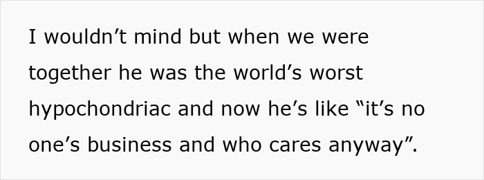 Text showing a woman feels betrayed after learning of her ex-husband's cancer diagnosis by snooping without him telling her. Text showing a woman feels betrayed after learning of her ex-husband's cancer diagnosis by snooping without him telling her.