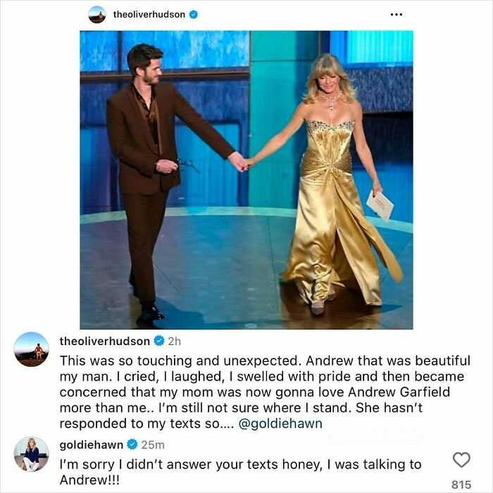 Celebs dropping unexpected gems in comments, featuring a man in brown suit and woman in gold dress holding hands on stage.