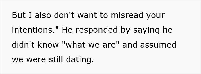 Text excerpt showing a conversation where a guy misunderstands dating intentions and relationship status after one date. Text excerpt showing a conversation where a guy misunderstands dating intentions and relationship status after one date.