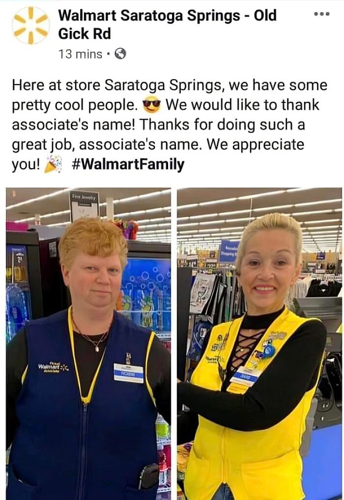 Walmart employees posing in store uniforms in a failed social media post thanking associates without personalization.