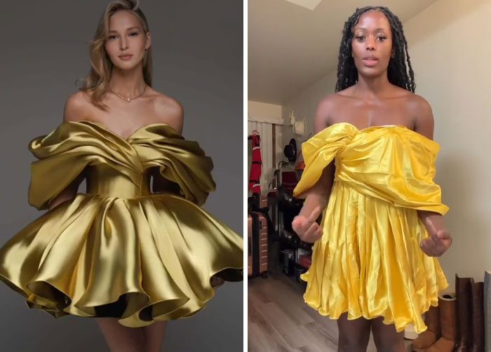 Side-by-side comparison of a golden dress ordered online versus the disappointing version received in a hilarious fails example.