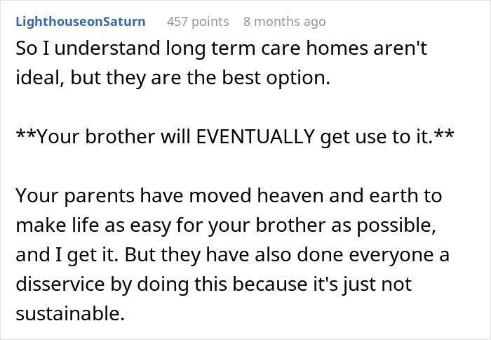 Screenshot of a text discussing long term care homes and parental expectations for a son to care for his autistic brother. Screenshot of a text discussing long term care homes and parental expectations for a son to care for his autistic brother.