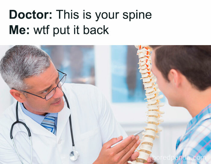 Doctor showing spine model to a patient, humorous meme likely to make EMT or paramedic professionals laugh.