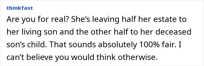 Text excerpt from thinkfast about an entitled lady annoyed as MIL leaves half her estate to hubby and half to niece.