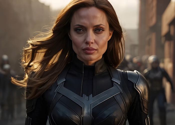 Woman dressed as a 90s Hollywood movie character in an Avengers AI recast scene walking confidently in a city street. Woman dressed as a 90s Hollywood movie character in an Avengers AI recast scene walking confidently in a city street.