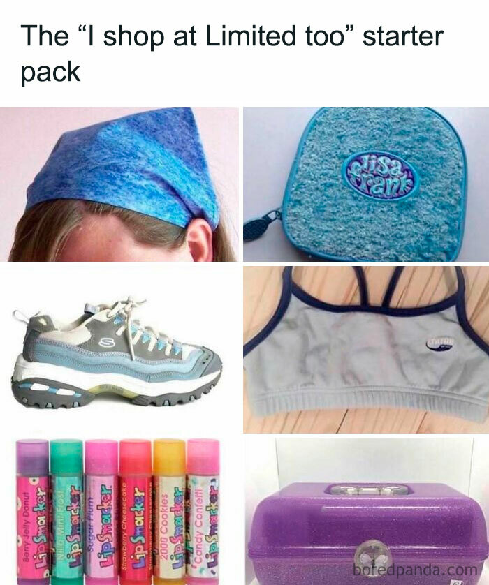 Starter pack of 90s Limited shopping with retro fashion, accessories, and nostalgic lip smacker lip balms for millennials.