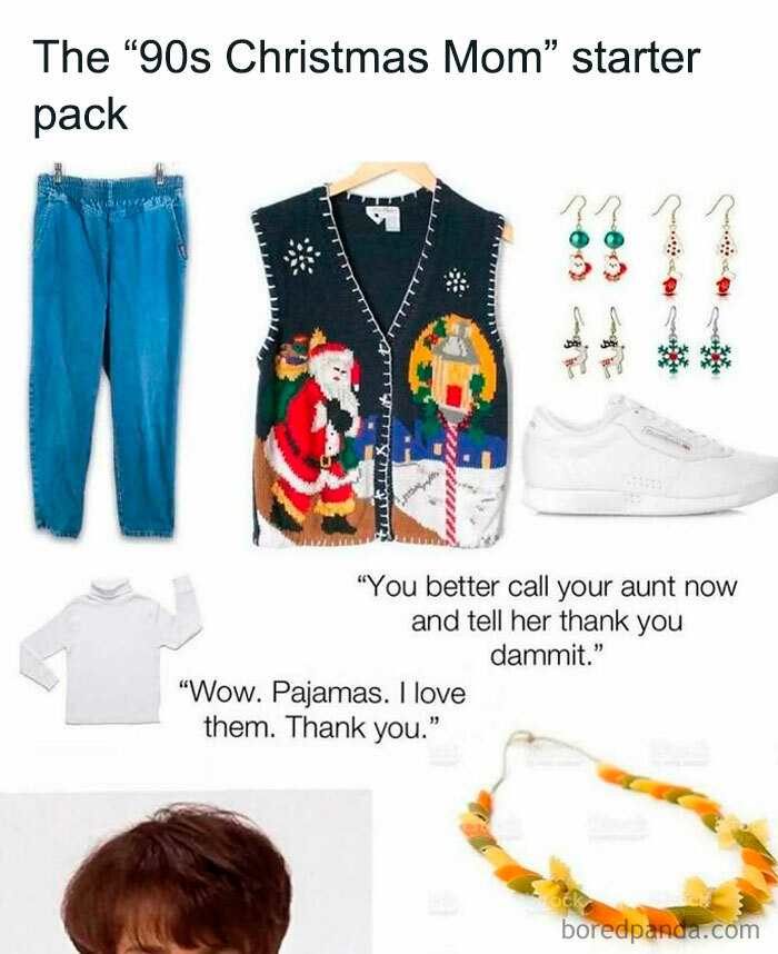 1990s Christmas mom starter pack featuring vintage holiday vest, blue jeans, festive earrings, and nostalgic accessories for millennials.