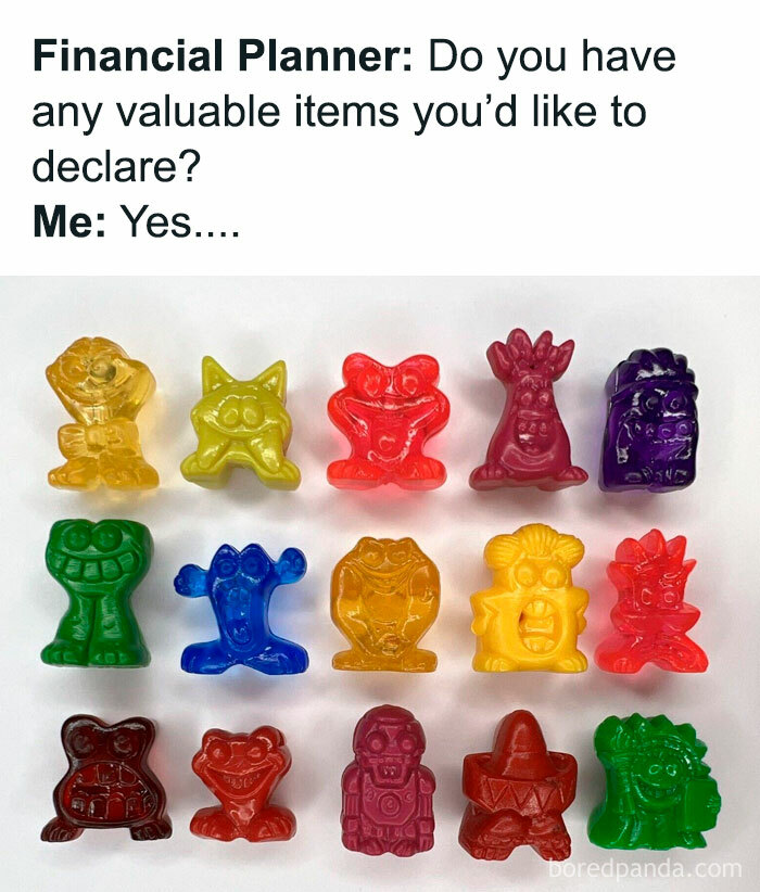 Colorful vintage gummy candy toys arranged in rows, highlighting nostalgic 90s millennial humor and relatable meme culture.