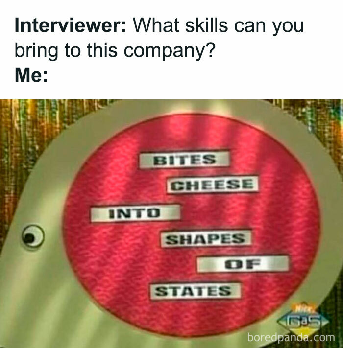 Interview meme with a retro cartoon character showing skills as biting cheese into shapes of states, 90s nostalgia humor.