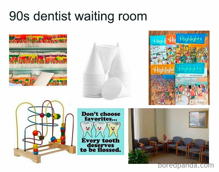 90s dentist waiting room with colorful files, Highlights magazines, a wooden bead maze toy, and retro dental items.