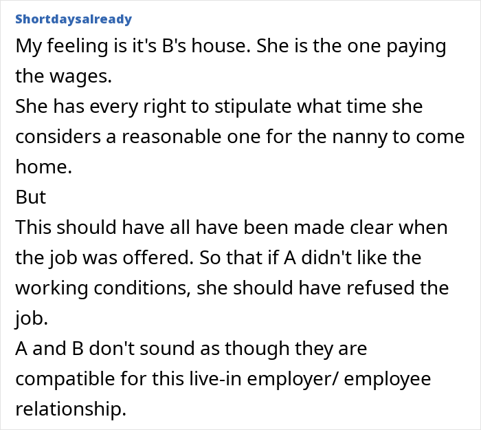 Comment discussing live-in nanny and employer compatibility, curfew rules, and job condition expectations online. Comment discussing live-in nanny and employer compatibility, curfew rules, and job condition expectations online.