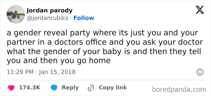 Text meme about a gender reveal party joke, part of men humor memes used to cope instead of therapy.