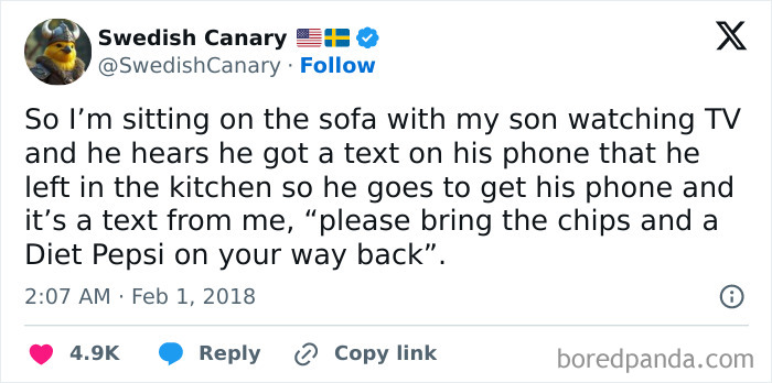 Screenshot of a humorous tweet showing a mom texting her son to bring chips and a Diet Pepsi, capturing wholesome mom moments.