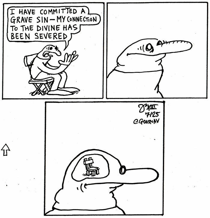 Absurd yet relatable comic panel showing a character lamenting losing divine connection with a chair inside their head.