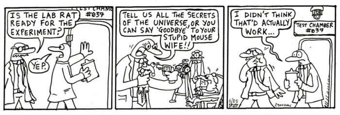 Absurd yet relatable comic strip showing a lab rat experiment with humorous dialogue about secrets and surprise success.