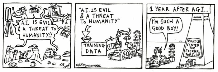 Comic strip illustrating absurd yet relatable take on AI being a threat, with dark humor and simple black-and-white drawings.