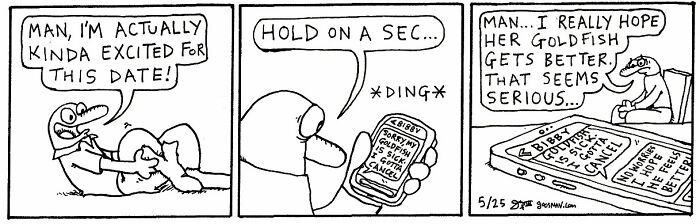 Absurd yet relatable comic panels showing a character excited for a date and checking a worrying text about a goldfish's health.