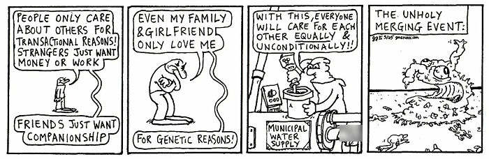 Black and white comic panels depicting absurd yet relatable social observations with humorous characters and dialogue.