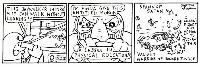 Black and white comic strip with exaggerated characters depicting absurd yet relatable comic scenarios by this artist.