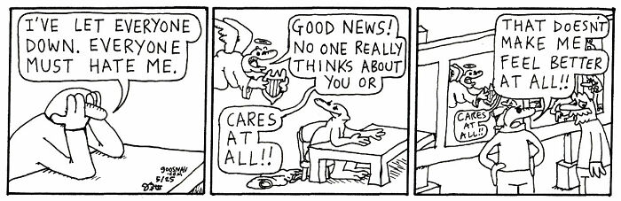 Absurd yet relatable comic strip showing a person feeling down and a dog humorously addressing their worries.