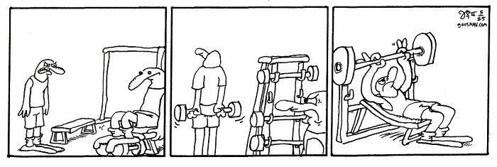 Absurd yet relatable comic strip showing a person struggling humorously with gym equipment and weightlifting.