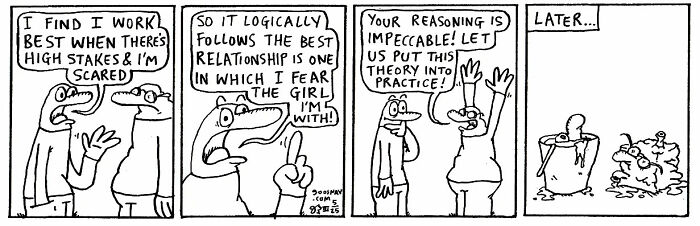 Black and white comic panels depicting absurd yet relatable situations with humorous dialogue between characters.